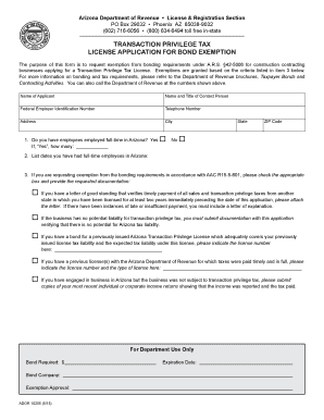Arizona Transaction Privilege Tax License Application for Bond Exemption