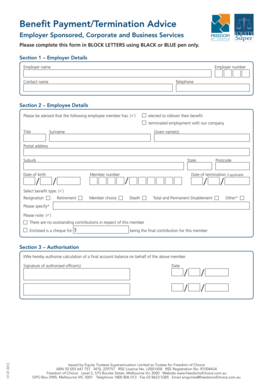 Benefit Payment Termination Advice Form