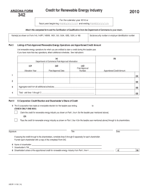 Arizona Form 342 Credit for Renewable Energy Industry 2010