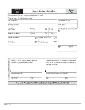 Arizona Form 800 Cigarette Distributor's Monthly Return