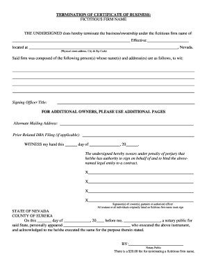 Termination of Certificate of Business Fictitious Firm Name
