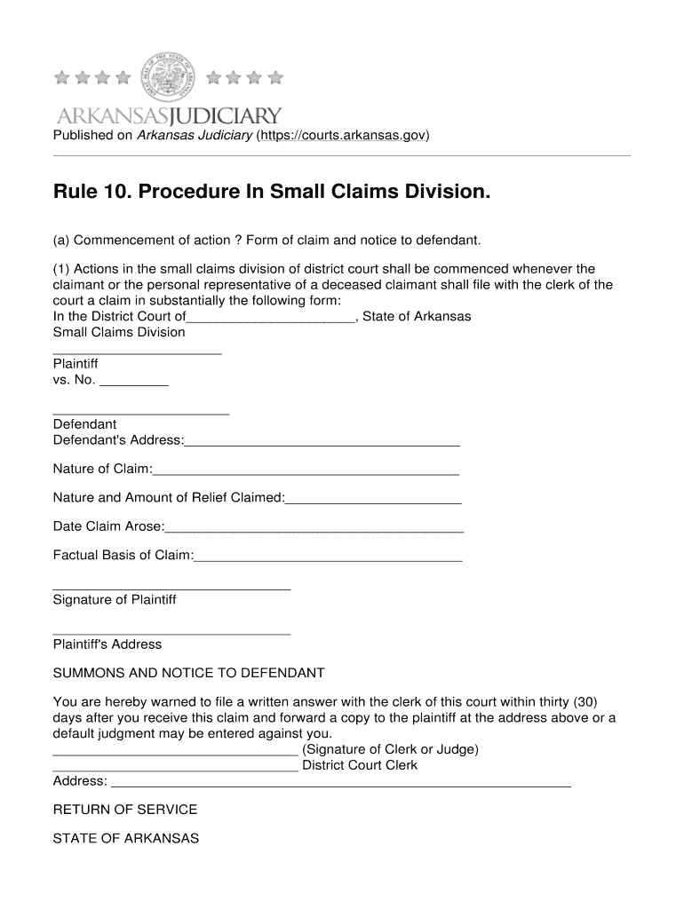 Fillable Online courts arkansas Rule 10 Procedure In Small Claims