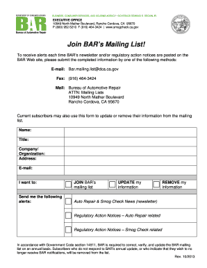 Bureau of Automotive Repair Mailing List Form