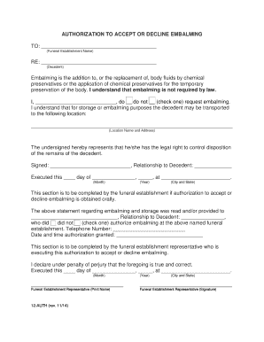 Authorization to Accept or Decline Embalming