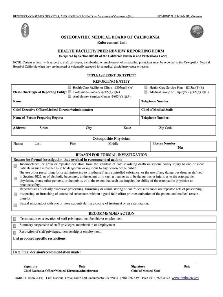 Fillable Online ombc ca Osteopathic Medical Board of California OMB14 Osteopathic Medical