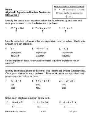 Algebraic Equations Worksheet