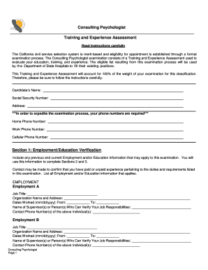 Training and Experience Assessment for Training Program Specialist
