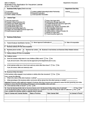 California Business Entity Insurance License Application