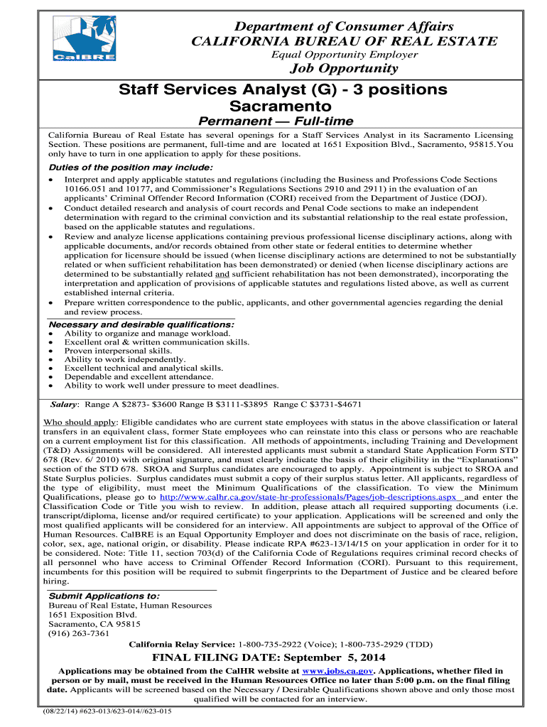 Fillable Online Staff Services Analyst (G) 3 positions Fax Email