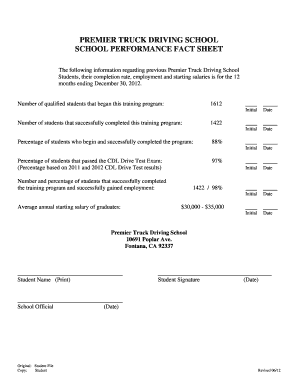 Premier Truck Driving School Performance Fact Sheet