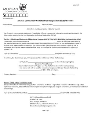 2014-15 Verification Worksheet for Independent Student
