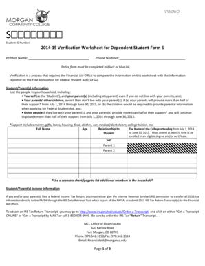 2014-15 Verification Worksheet for Dependent Student