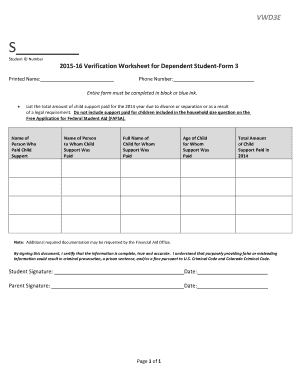 2015-16 Verification Worksheet for Dependent Student