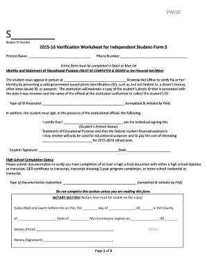 2015-16 Verification Worksheet for Independent Student