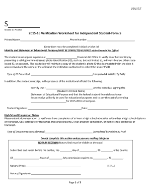 2015-16 Verification Worksheet for Independent Student