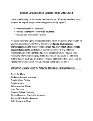 Special Circumstances Financial Aid Worksheet