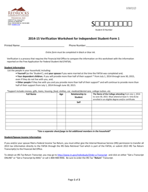 2014-15 Verification Worksheet for Independent Student