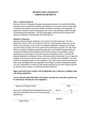 Demolition Asbestos Removal Affidavit
