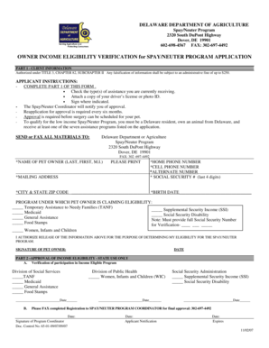 Delaware Spay/Neuter Program Application