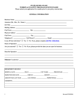 Delaware Workplace Safety Program Questionnaire