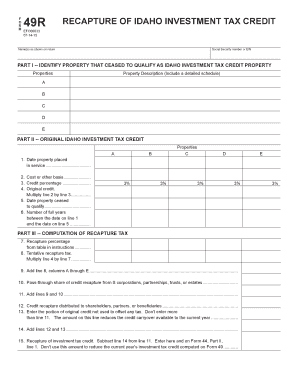 Idaho Form 49R Investment Tax Credit Recapture