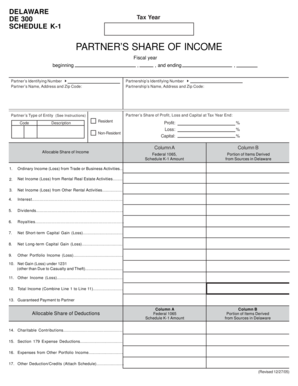 Delaware Schedule K-1 Partner's Share of Income