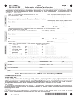 Delaware Form 8821DE Authorization to Release Tax Information