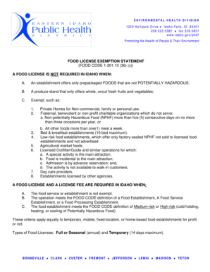 Idaho Food License Exemption Statement