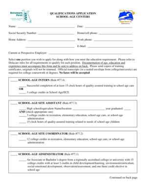 Qualifications Application for School-Age Centers