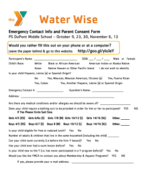 YMCA Emergency Contact and Parent Consent Form
