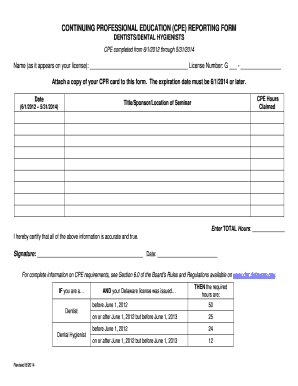 Delaware CPE Reporting Form for Dentists