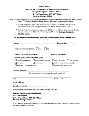 Georgia Decorative License Certificate Order Form