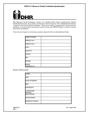 Resource Family Evaluation Questionnaire