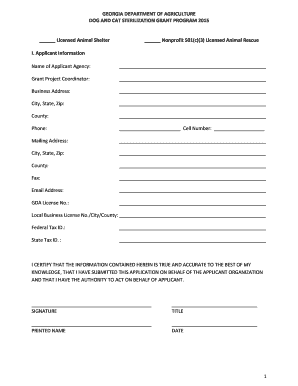 Georgia Dog and Cat Sterilization Grant Application 2015