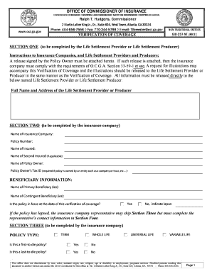 Georgia Verification of Coverage for Life Settlement