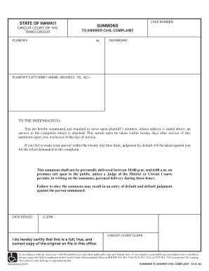 Hawaii Summons to Answer Civil Complaint