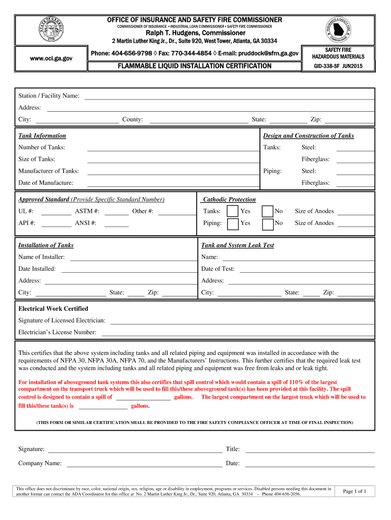 Fillable Online oci ga FLAMMABLE LIQUID INSTALLATION CERTIFICATION Fax