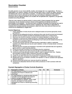 Receivables Checklist Internal Controls