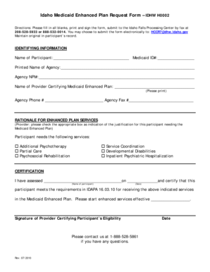 Idaho Medicaid Enhanced Plan Request Form