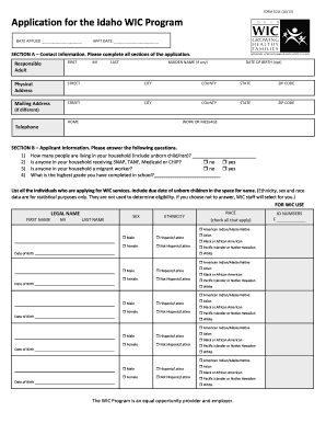 Idaho WIC Program Application Form 101E