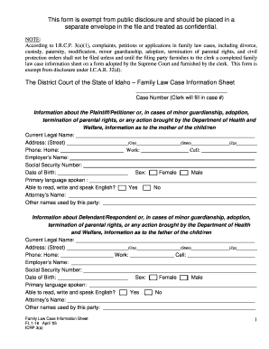 Idaho Family Law Case Information Sheet