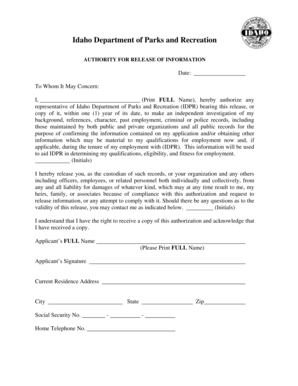 Idaho Department of Parks and Recreation Authorization Form