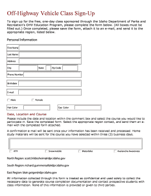 Off-Highway Vehicle Class Sign-Up Form