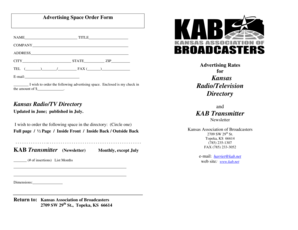 Advertising Space Order Form for Kansas RadioTelevision - kab