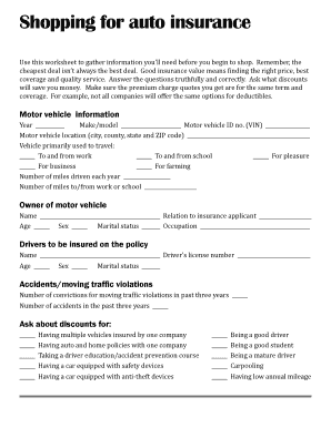 Auto Insurance Shopping Worksheet