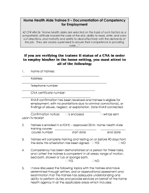 Home Health Aide Trainee II Competency Attestation