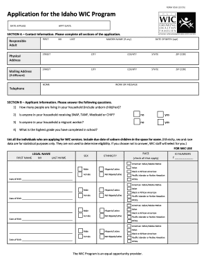 Idaho WIC Program Application Form 101E