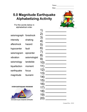Earthquake Alphabetizing Activity Worksheet