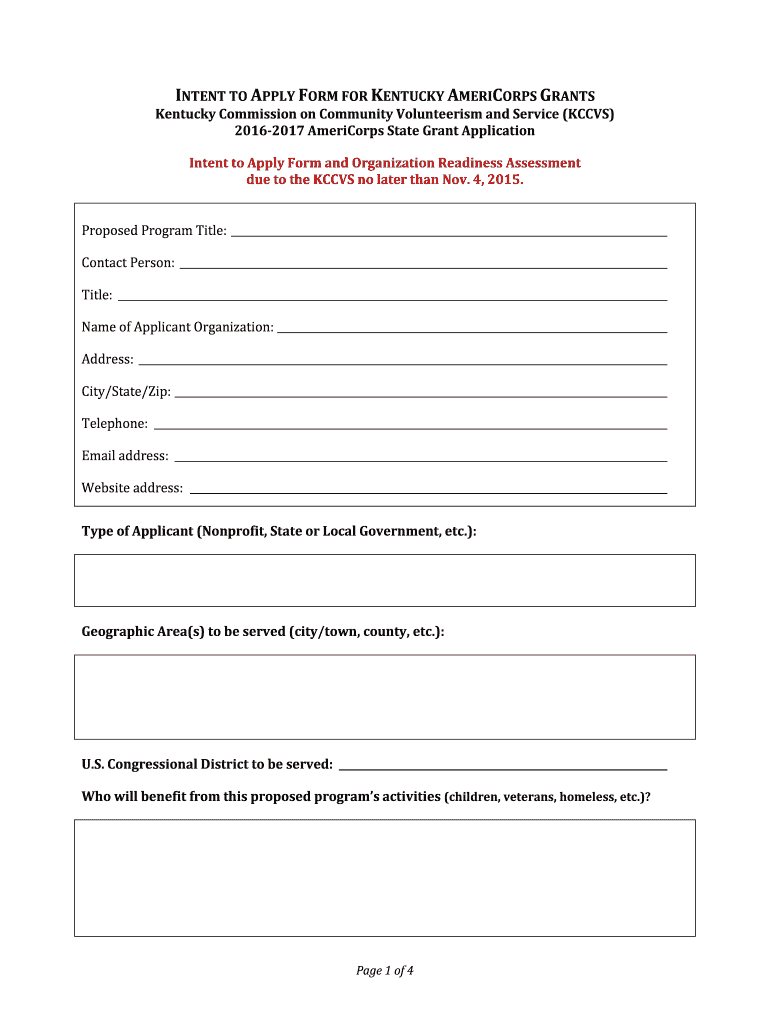 Fillable Online chfs ky INTENT TO APPLY FORM FOR KENTUCKY AMERICORPS