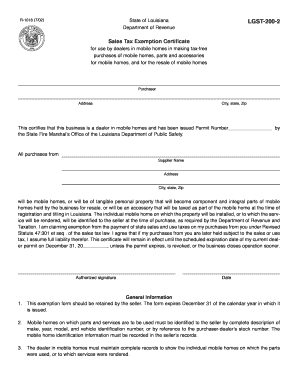 Louisiana Mobile Home Sales Tax Exemption Certificate
